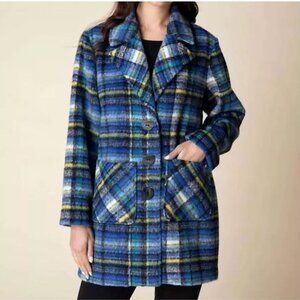 Habitat Tartan Plaid Blue Car Coat Button Front Fuzzy Knit Longline Jacket L